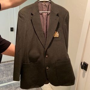 Unique Sport Coat with suede elbow patch detailing and embroidered pocket crest